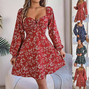 Floral Print Lantern Sleeve Dress Casual Sexy Tie Square Neck Long Sleeve A-Line Dress