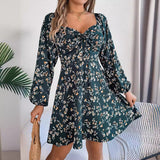 Floral Print Lantern Sleeve Dress Casual Sexy Tie Square Neck Long Sleeve A-Line Dress