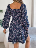 Floral Print Lantern Sleeve Dress Casual Sexy Tie Square Neck Long Sleeve A-Line Dress