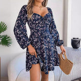 Floral Print Lantern Sleeve Dress Casual Sexy Tie Square Neck Long Sleeve A-Line Dress