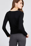 Long Sleeve V-neck Cross Wrap W/button Detail Rib Knit Top