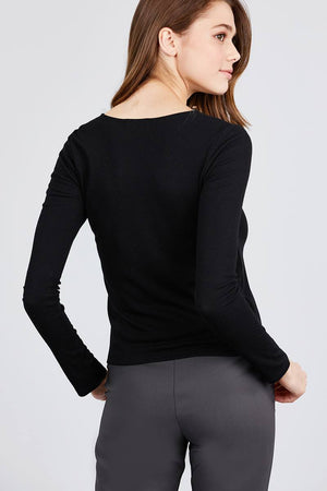 Long Sleeve V-neck Cross Wrap W/button Detail Rib Knit Top