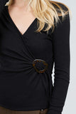 Long Sleeve Deep V-neck Side Buckle Detail Rib Knit Top