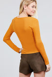Long Sleeve Deep V-neck Side Buckle Detail Rib Knit Top
