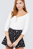 3/4 Short Sleeve Button Down Detail Heavy Rib Knit Top