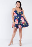 Plus Size Navy Floral Plunging V-neck Open Back Skater Mini Dress