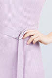 Sleeveless Double Scoop Neck W/belt Rib Sweater Mini Dress