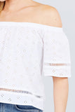 Elbow Sleeve Off The Shoulder Lace Trim Eyelet Detail Woven Top