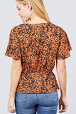 Ruffle Short Sleeve V-neck Surplice Side Ribbon Tie Woven Top