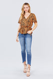 Ruffle Short Sleeve V-neck Surplice Side Ribbon Tie Woven Top