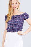 Short Sleeve Off The Shoulder W/shirring Detailed Printed Woven Crop Top
