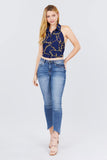 Sleeveless Halter Neck W/collar Button Down Open Back Tie Closer Printed Woven Top
