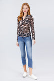 Long Sleeve V-neck W/button Down Print Mesh Knit Shirts