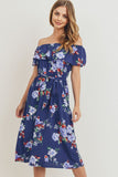 Off The Shoulder Waist Belt With Printed Midi Dress