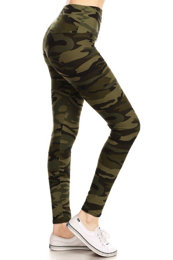Long Yoga Style Banded Lined Olive Camo Print, Full Length Leggings In A Slim Fitting Style With A Banded High Waist.