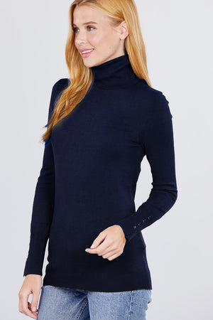 Long Sleeve With Metal Button Detail Turtle Neck Viscose Sweater