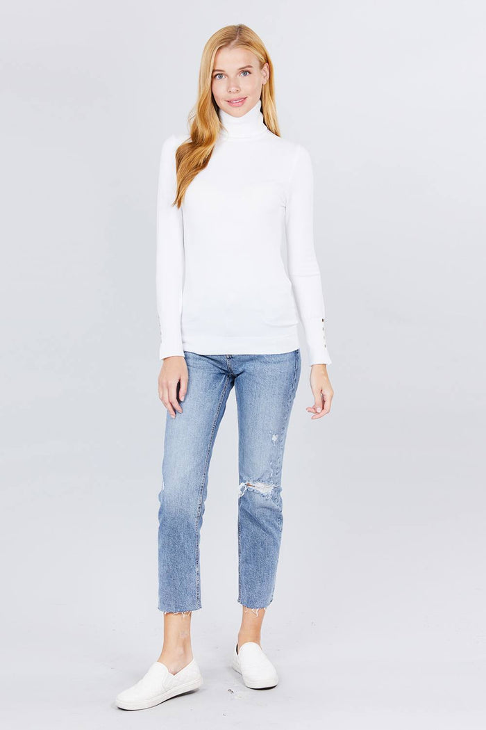 Long Sleeve With Metal Button Detail Turtle Neck Viscose Sweater