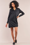 Jet Black Satin V-neck Long Sleeve Relaxed Fit Shirt Dress