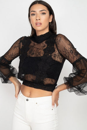 Lace Trim Balloon Sleeve Smocked Top