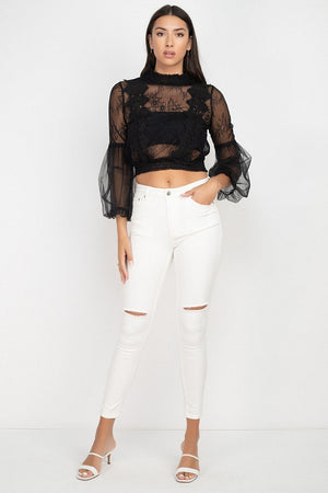 Lace Trim Balloon Sleeve Smocked Top
