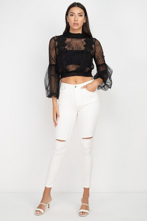 Lace Trim Balloon Sleeve Smocked Top