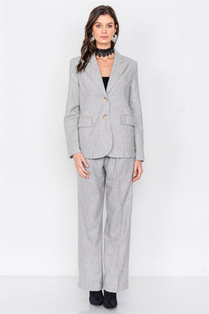 Grey Wool Blazer Office Chic Pleated High-waist Ankle Pant Set