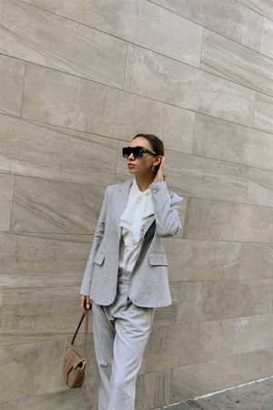 Grey Wool Blazer Office Chic Pleated High-waist Ankle Pant Set