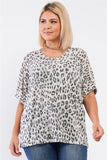 Plus Light Grey Leopard Print Relaxed Round Neck Top
