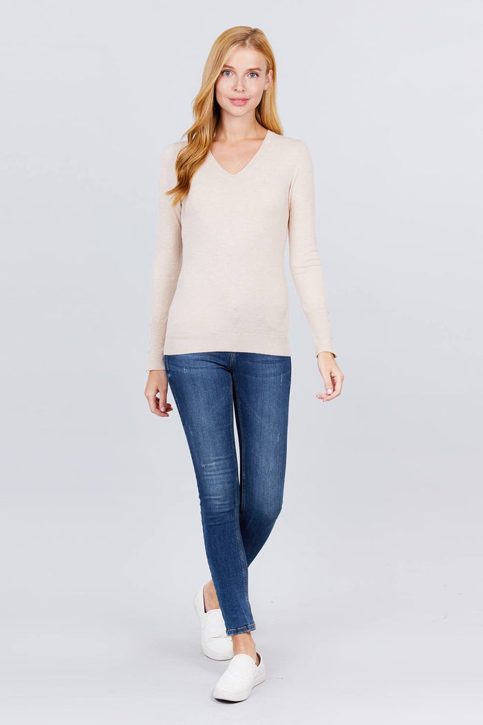 V-neck Sweater W/rivet Button