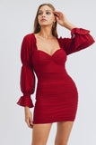 Long Puff Sleeve Ruched Mini Dress