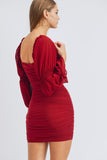 Long Puff Sleeve Ruched Mini Dress