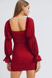 Long Puff Sleeve Ruched Mini Dress