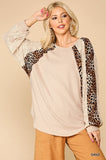 Textured Knit And Animal Print Mixed Dolman Sleeve Top