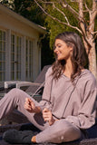 Mocha Inside-out Detail Long Sleeve Raw Hem V-neck Relaxed Fit Hooded Sweatshirt 2 Piece Set