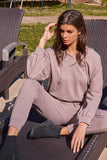 Mocha Inside-out Detail Long Sleeve Raw Hem V-neck Relaxed Fit Hooded Sweatshirt 2 Piece Set