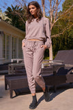 Mocha Inside-out Detail Long Sleeve Raw Hem V-neck Relaxed Fit Hooded Sweatshirt 2 Piece Set