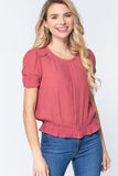Short Shirring Slv Pleated Woven Top
