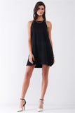 Black Sleeveless Crew Neck Side Snap Button Down Racerback Mini Tent Dress
