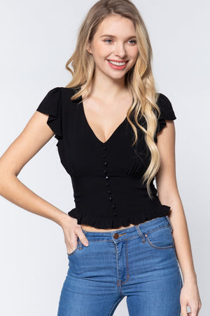 Ruffl Slv V-neck Smocking Woven Top