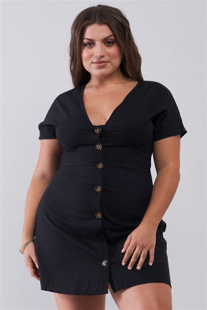 Plus Black Short Sleeve V-neck Front Button Down Cotton Mini Dress