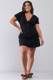 Plus Black Short Sleeve V-neck Front Button Down Cotton Mini Dress