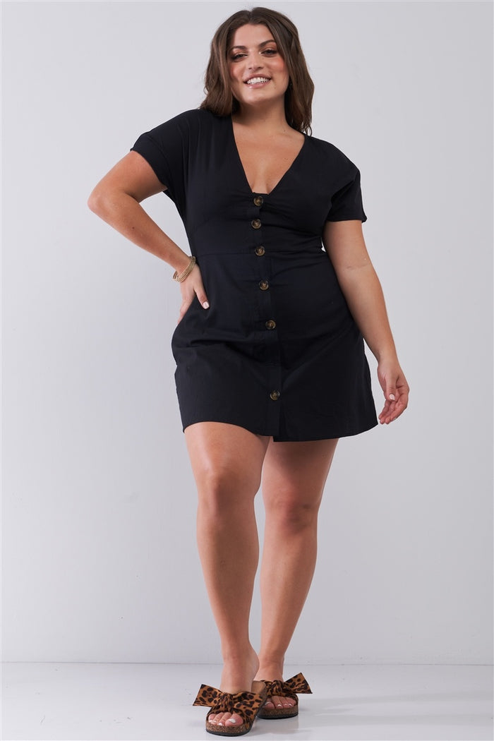 Plus Black Short Sleeve V-neck Front Button Down Cotton Mini Dress
