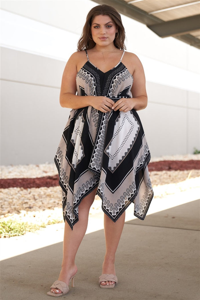 Plus "kerchief" Black & Grey Geometric Print V-neck Sleeveless Self-tie Belt Asymmetrical Mini Dress