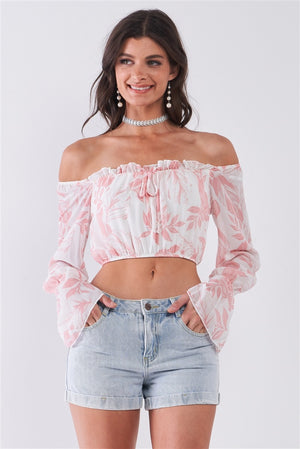 Leaf Print Off-the-shoulder Long Flounce Sleeve Self-tie Front Cropped Top