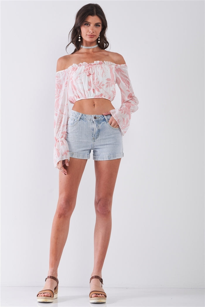 Leaf Print Off-the-shoulder Long Flounce Sleeve Self-tie Front Cropped Top