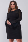 Plus Size Classy Black Round Neck Flared Sheer Mesh Sleeve Detail Structured Tight Mini Dress