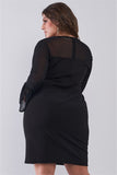 Plus Size Classy Black Round Neck Flared Sheer Mesh Sleeve Detail Structured Tight Mini Dress