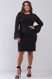 Plus Size Classy Black Round Neck Flared Sheer Mesh Sleeve Detail Structured Tight Mini Dress
