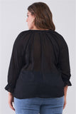 Plus Black Dotted Swiss V-neck Button Down Balloon Midi Sleeve With Elasticated Cuff Loose Fit Top