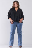 Plus Black Dotted Swiss V-neck Button Down Balloon Midi Sleeve With Elasticated Cuff Loose Fit Top